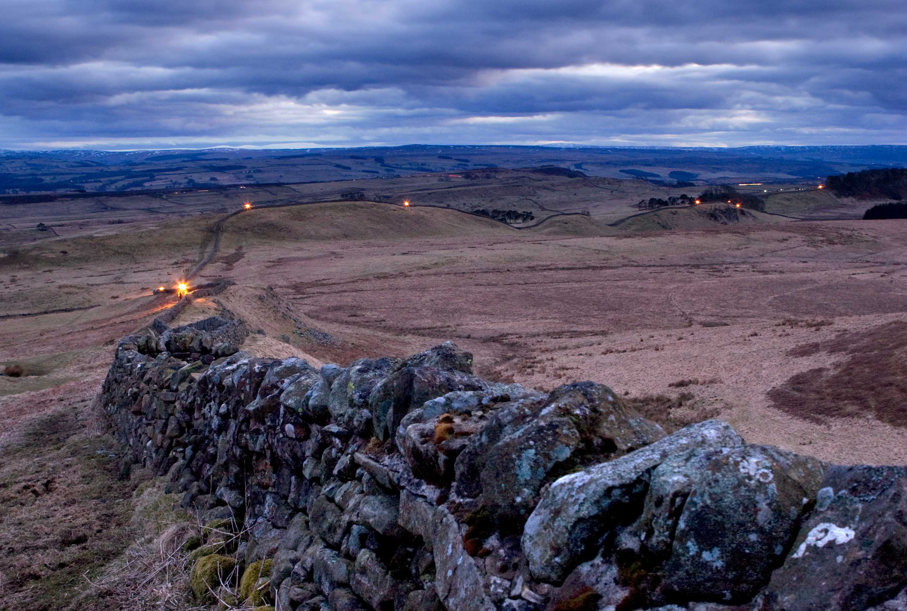 illuminated stone wall