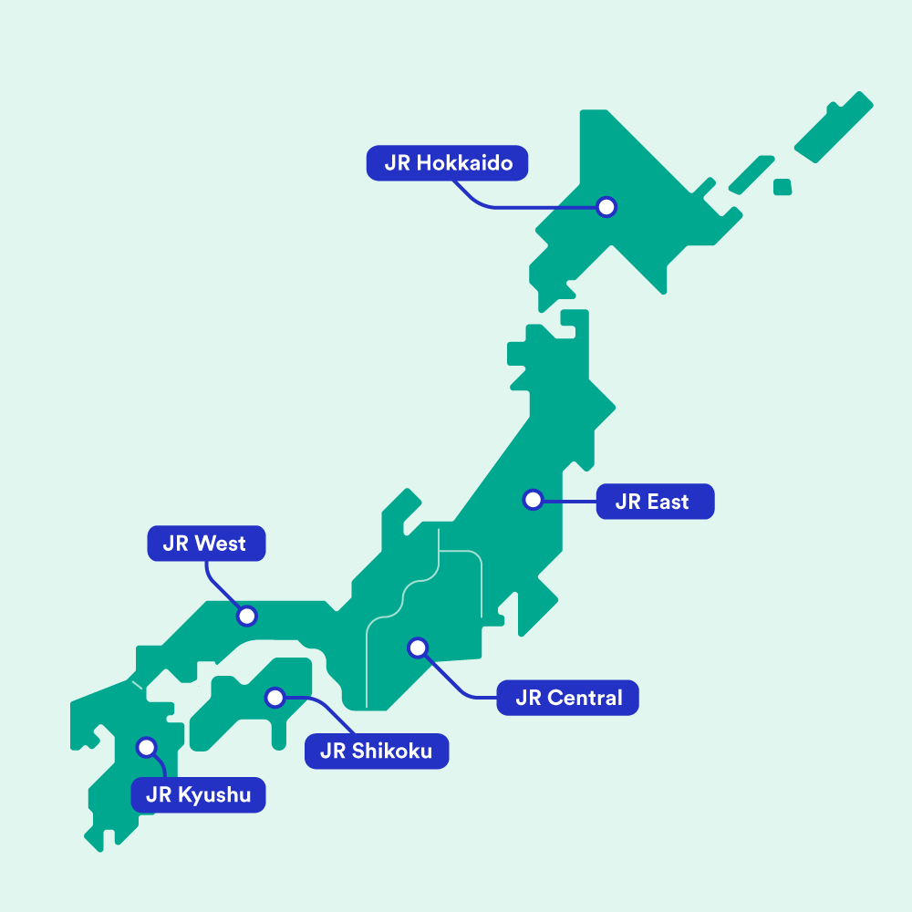 JR regions map showing each JR company and its region