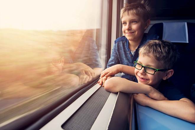 Two brothers enjoying travelling by train