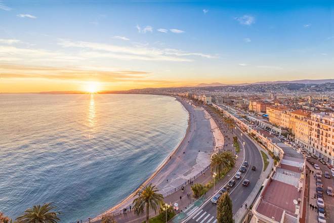 Coast of Azure at sunset in Nice, France