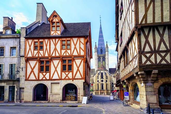 Tower of the Notre-Dame of Dijon church in the old town of Dijon, Burgundy, France