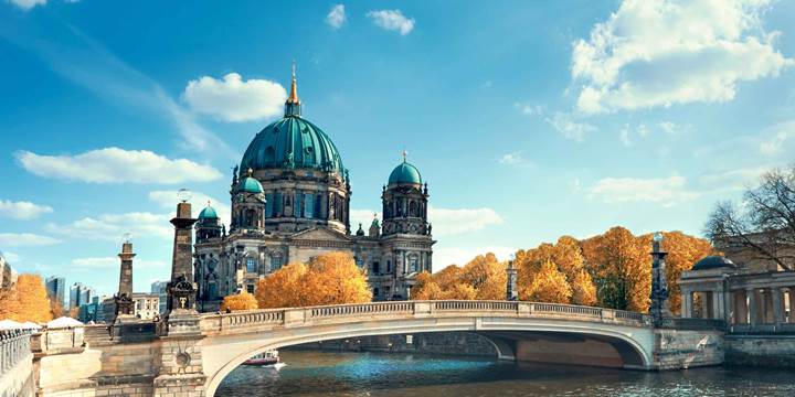 Berlin Cathedral with a bridge over Spree river in Autumn