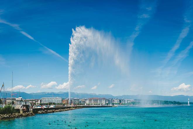 Geneva landmark, The Jet d'Eau at Leman lake with clearly sky in summer