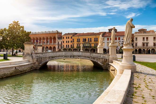 The Prato della Valle Square in Padova, Italy, with it`s canals and bridges