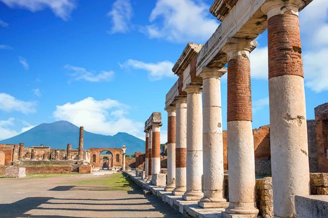 Ancient columns in the ruined city of Pompeiii