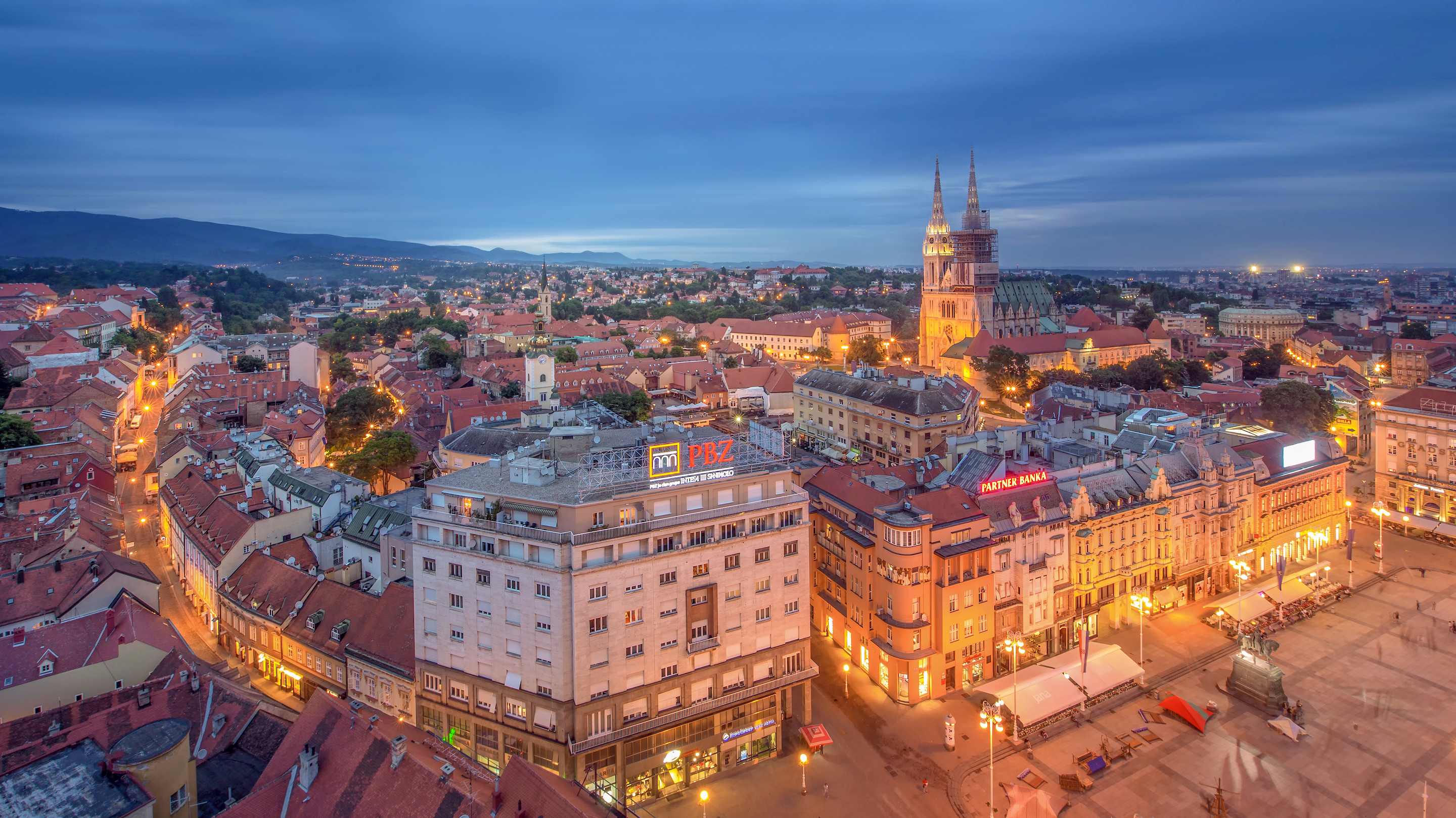 Aerial view of Zagreb at nighttime in Croatia