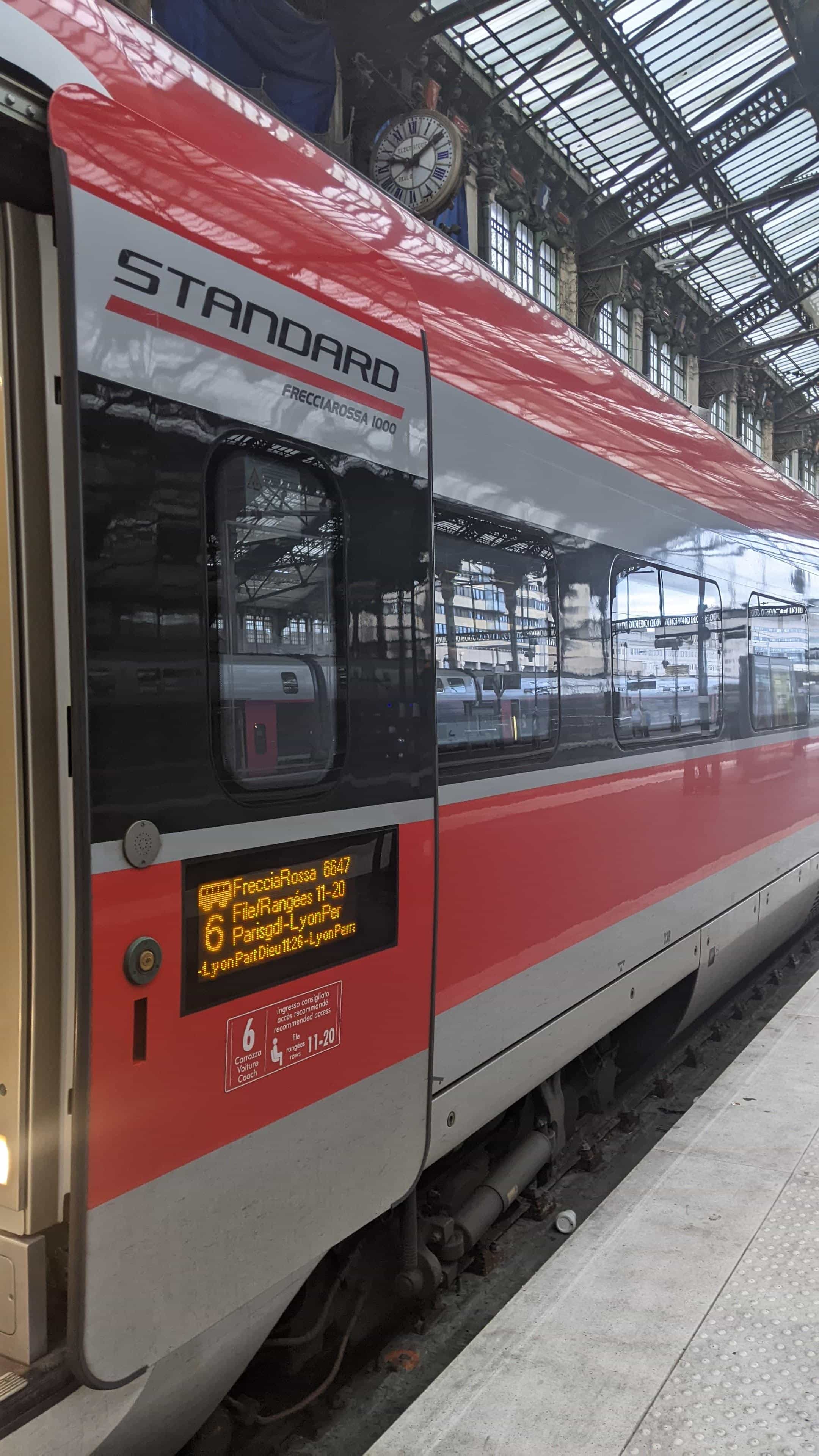 Exterior of carriage 6 on Trenitalia Frecciarossa train sitting at platform at Paris Gare de Lyon