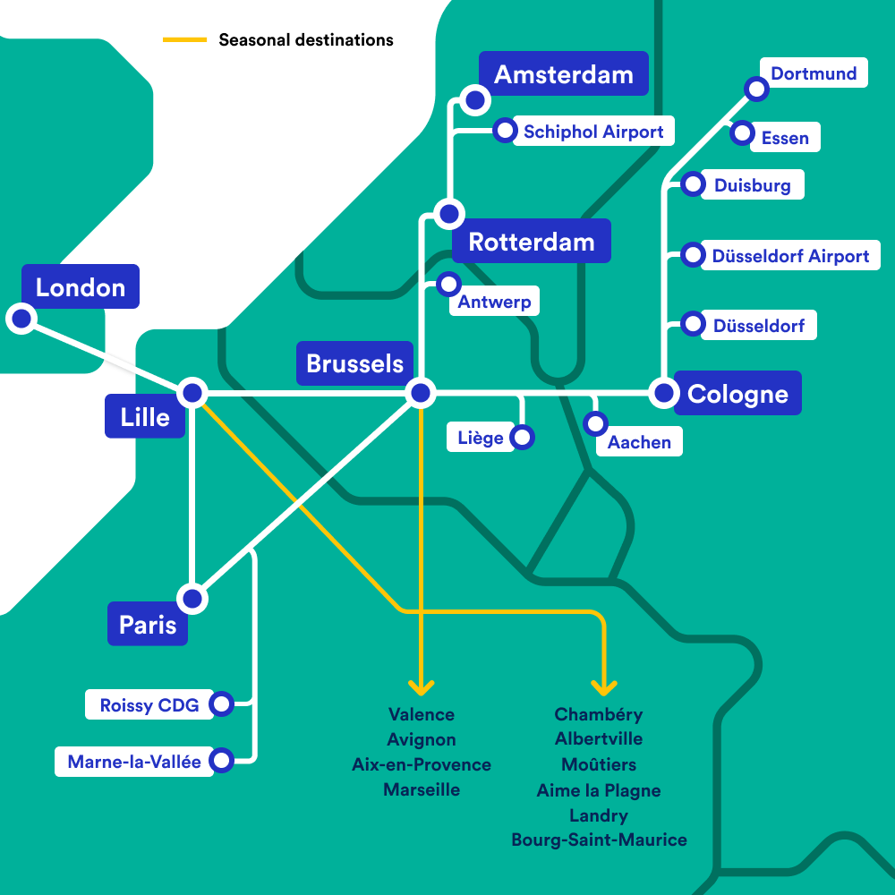 Map of Eurostar routes in the UK and Europe